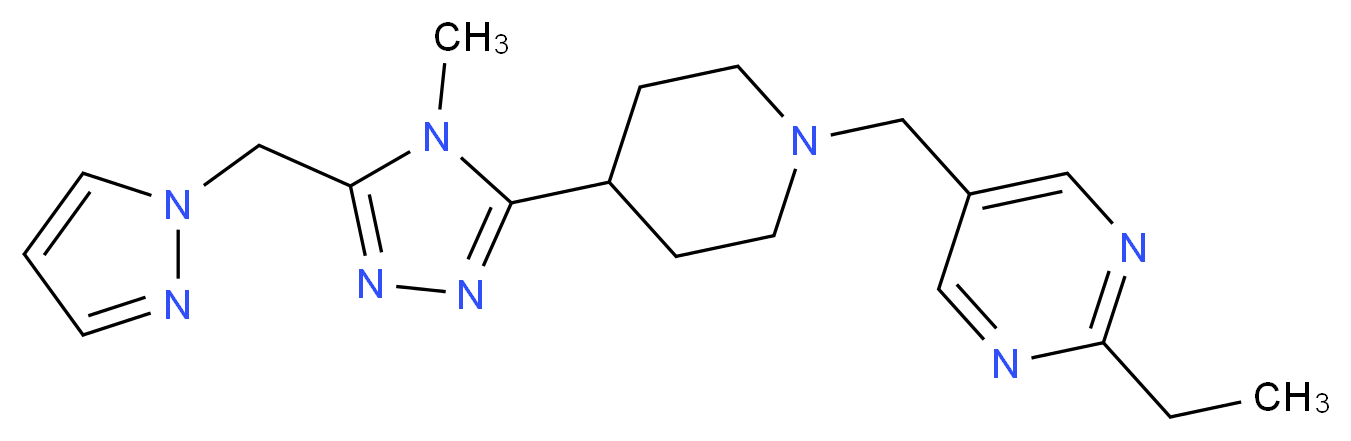 2-ethyl-5-({4-[4-methyl-5-(1H-pyrazol-1-ylmethyl)-4H-1,2,4-triazol-3-yl]piperidin-1-yl}methyl)pyrimidine_Molecular_structure_CAS_)