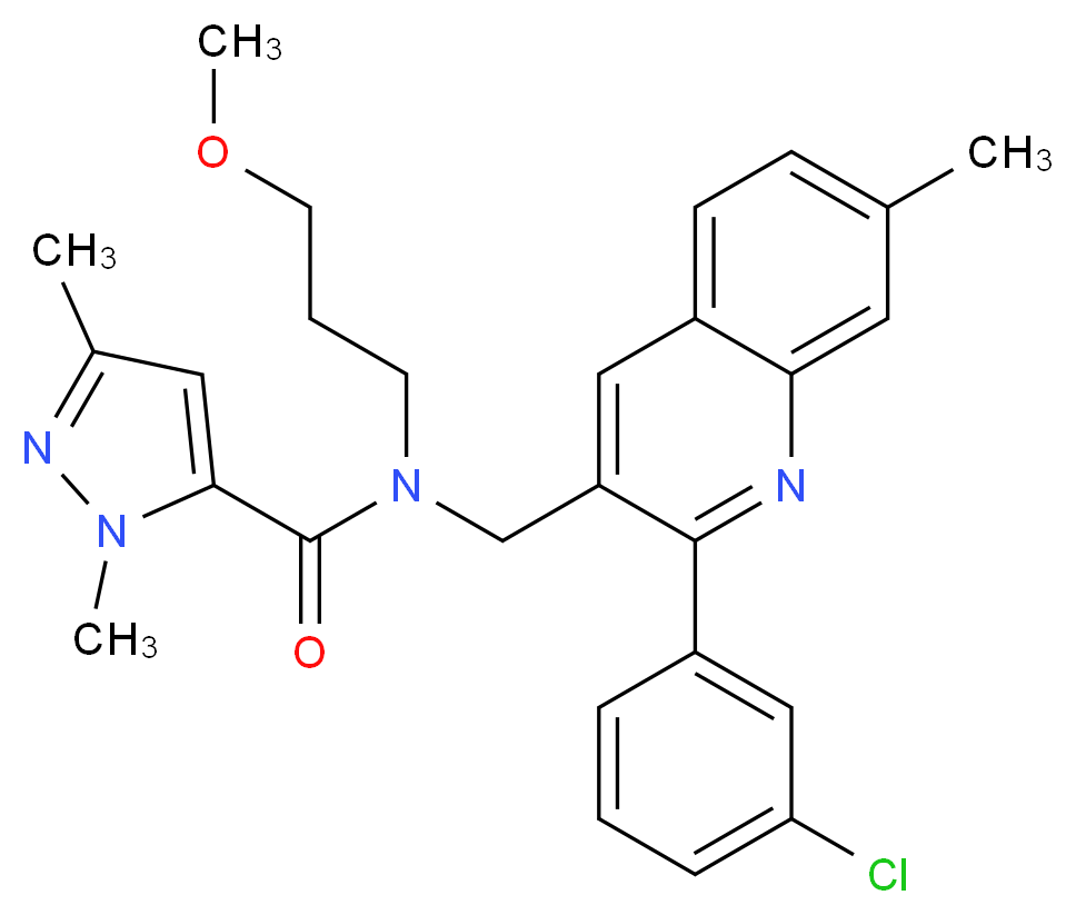 N-{[2-(3-chlorophenyl)-7-methyl-3-quinolinyl]methyl}-N-(3-methoxypropyl)-1,3-dimethyl-1H-pyrazole-5-carboxamide_Molecular_structure_CAS_)