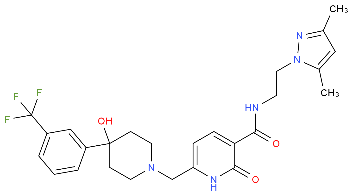 N-[2-(3,5-dimethyl-1H-pyrazol-1-yl)ethyl]-6-({4-hydroxy-4-[3-(trifluoromethyl)phenyl]-1-piperidinyl}methyl)-2-oxo-1,2-dihydro-3-pyridinecarboxamide_Molecular_structure_CAS_)
