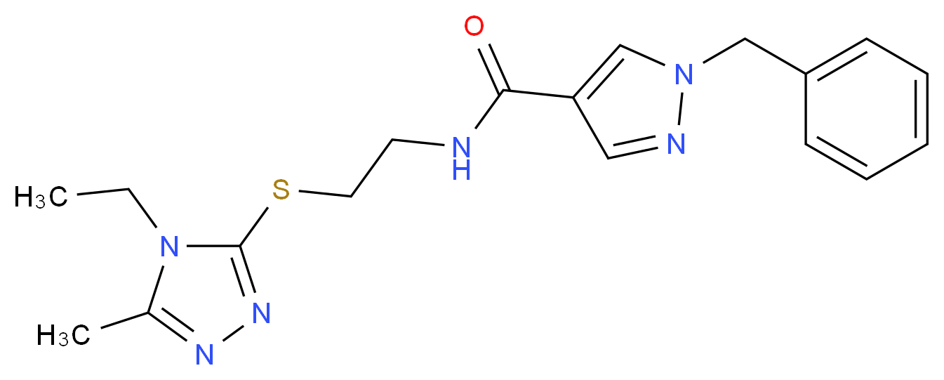 1-benzyl-N-{2-[(4-ethyl-5-methyl-4H-1,2,4-triazol-3-yl)thio]ethyl}-1H-pyrazole-4-carboxamide_Molecular_structure_CAS_)