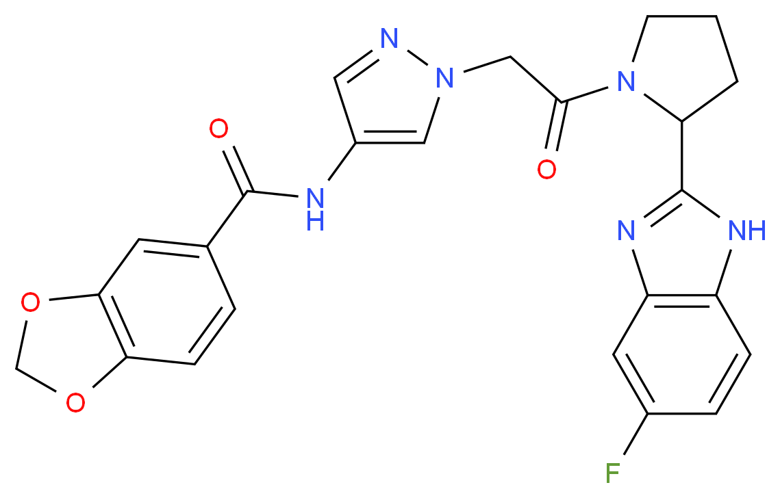 N-(1-{2-[2-(5-fluoro-1H-benzimidazol-2-yl)-1-pyrrolidinyl]-2-oxoethyl}-1H-pyrazol-4-yl)-1,3-benzodioxole-5-carboxamide_Molecular_structure_CAS_)