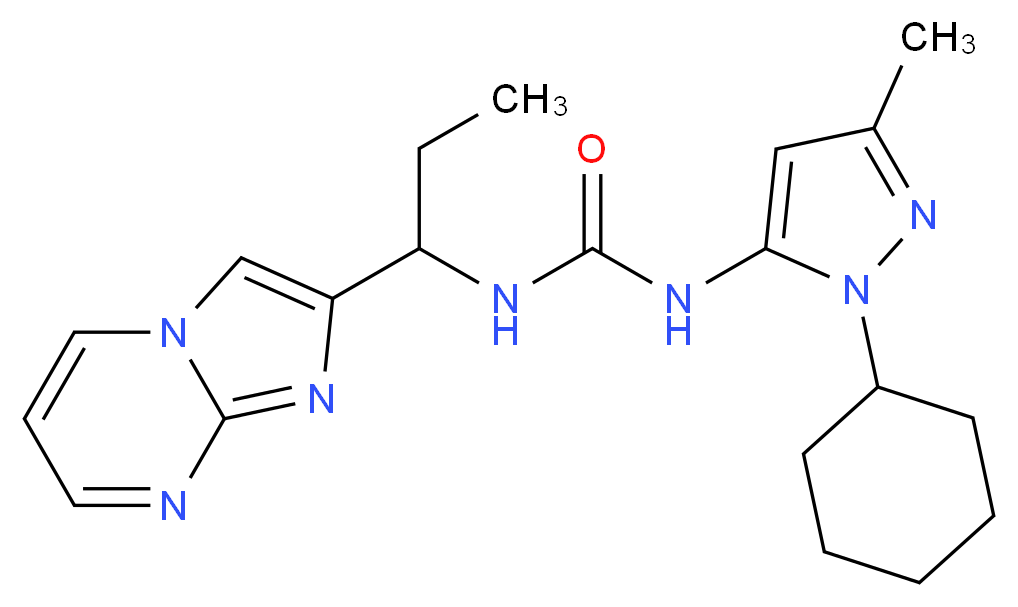 N-(1-cyclohexyl-3-methyl-1H-pyrazol-5-yl)-N'-(1-imidazo[1,2-a]pyrimidin-2-ylpropyl)urea_Molecular_structure_CAS_)