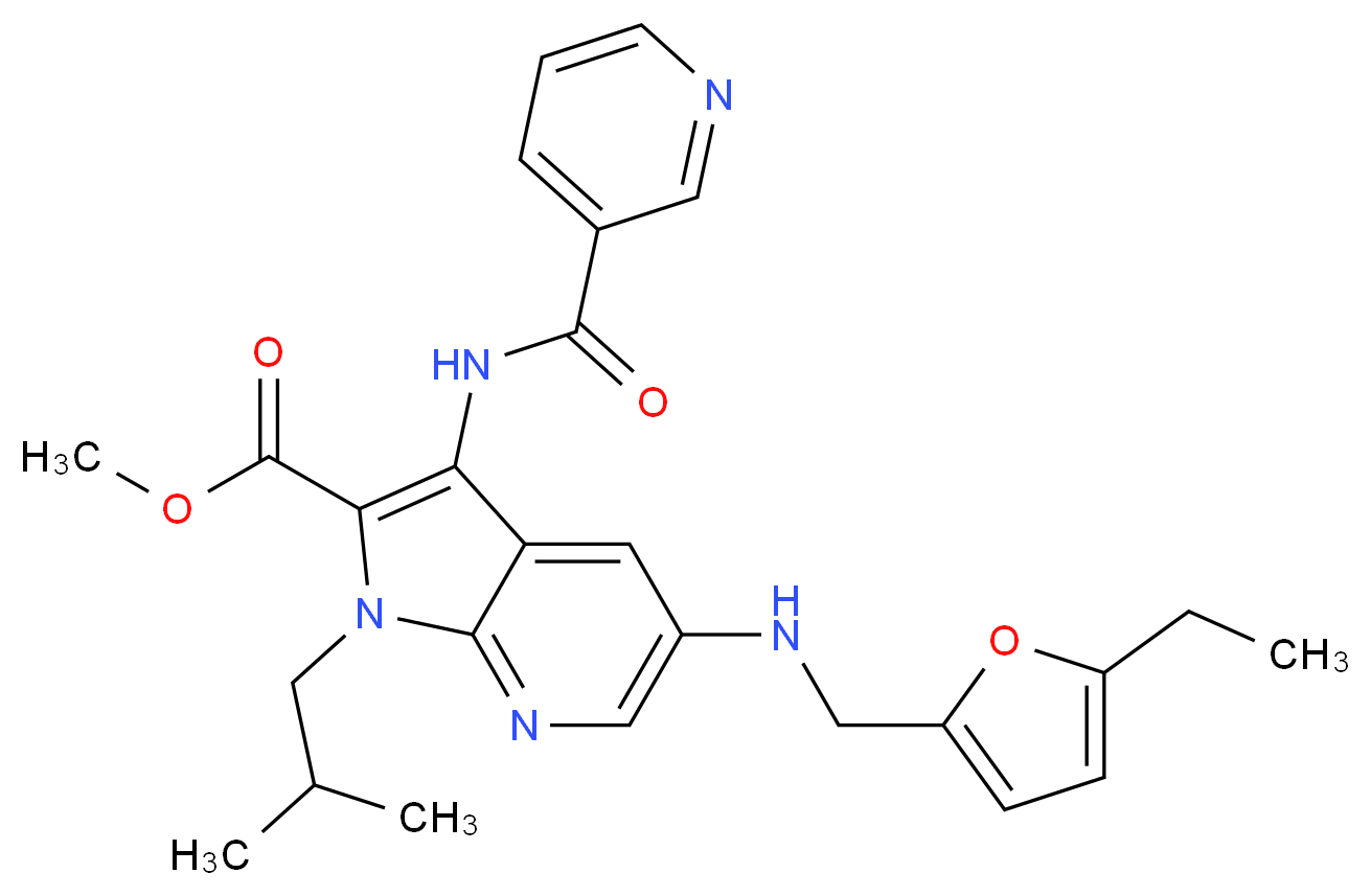 methyl 5-{[(5-ethyl-2-furyl)methyl]amino}-1-isobutyl-3-[(3-pyridinylcarbonyl)amino]-1H-pyrrolo[2,3-b]pyridine-2-carboxylate_Molecular_structure_CAS_)