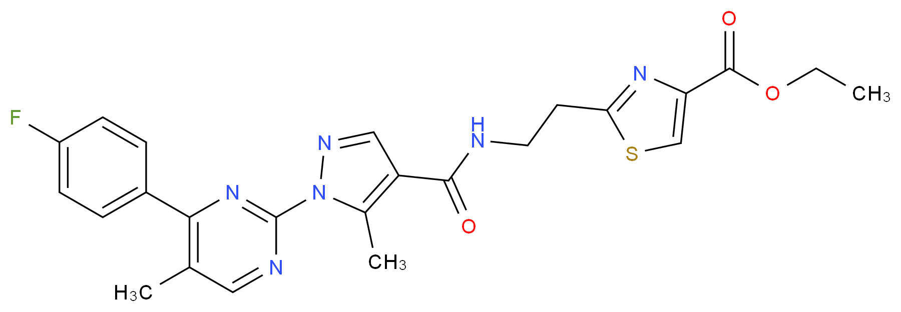 ethyl 2-{2-[({1-[4-(4-fluorophenyl)-5-methyl-2-pyrimidinyl]-5-methyl-1H-pyrazol-4-yl}carbonyl)amino]ethyl}-1,3-thiazole-4-carboxylate_Molecular_structure_CAS_)