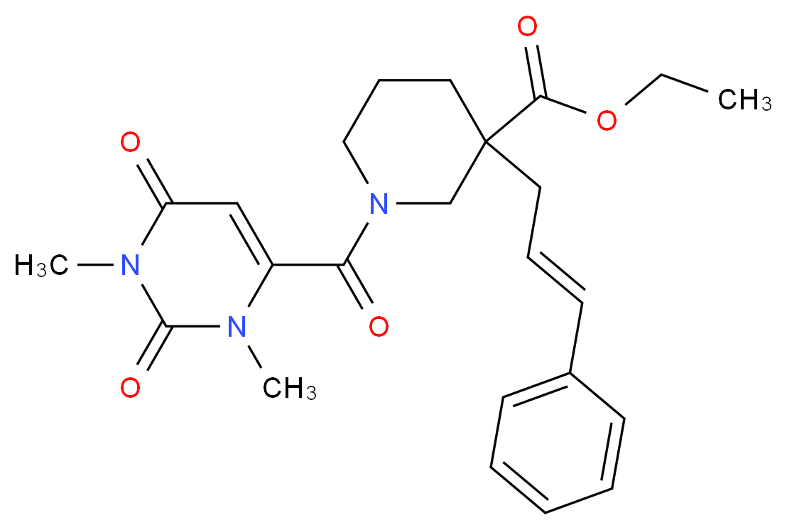 ethyl 1-[(1,3-dimethyl-2,6-dioxo-1,2,3,6-tetrahydro-4-pyrimidinyl)carbonyl]-3-[(2E)-3-phenyl-2-propen-1-yl]-3-piperidinecarboxylate_Molecular_structure_CAS_)