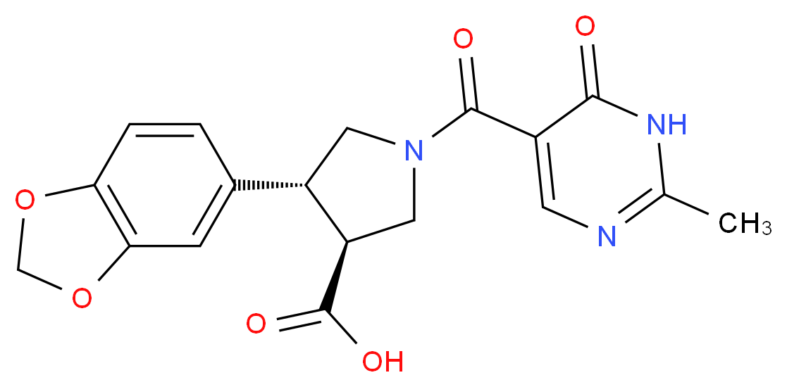 (3S*,4R*)-4-(1,3-benzodioxol-5-yl)-1-[(2-methyl-6-oxo-1,6-dihydropyrimidin-5-yl)carbonyl]pyrrolidine-3-carboxylic acid_Molecular_structure_CAS_)