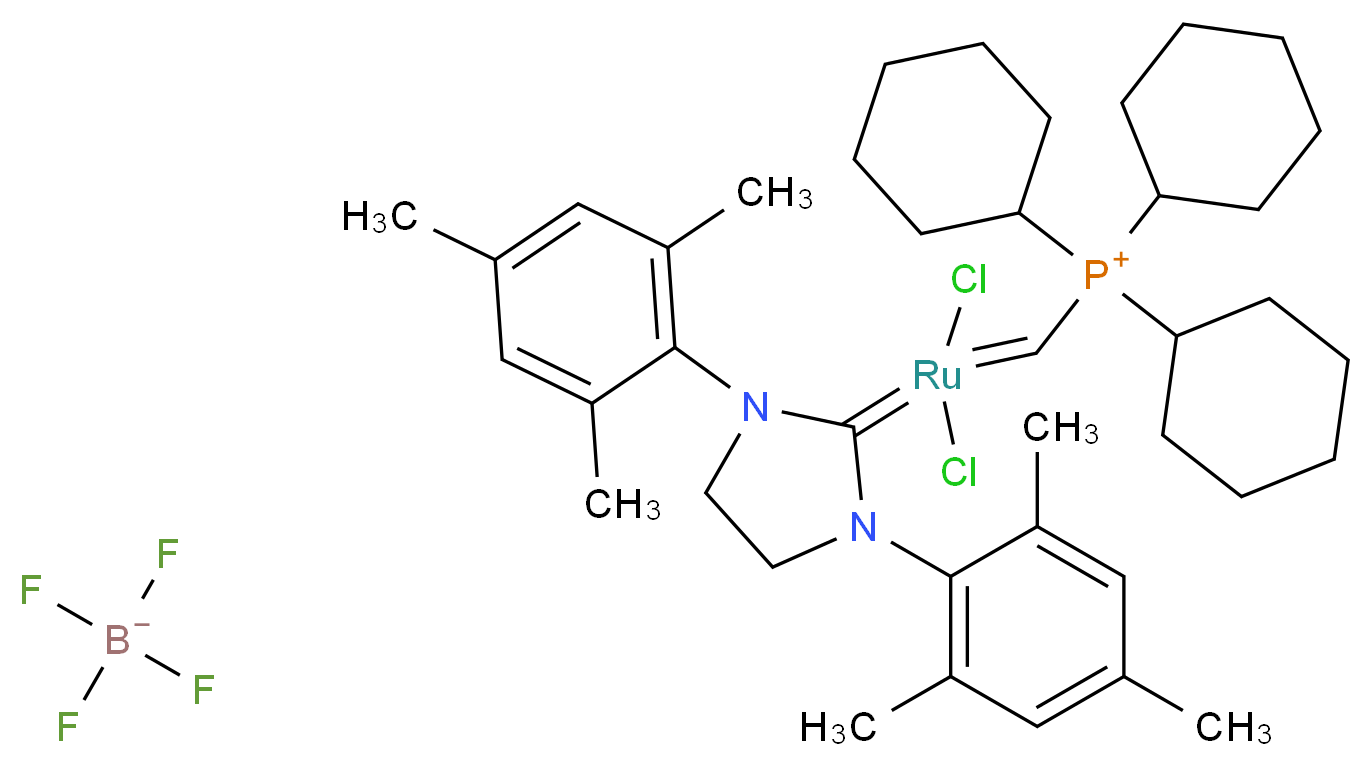 Dichloro[1,3-bis(2,4,6-trimethylphenyl)-2-imidazolidinylidene][(tricyclohexylphosphoranyl)methylidene]ruthenium(II) tetrafluoroborate_Molecular_structure_CAS_832146-68-6)