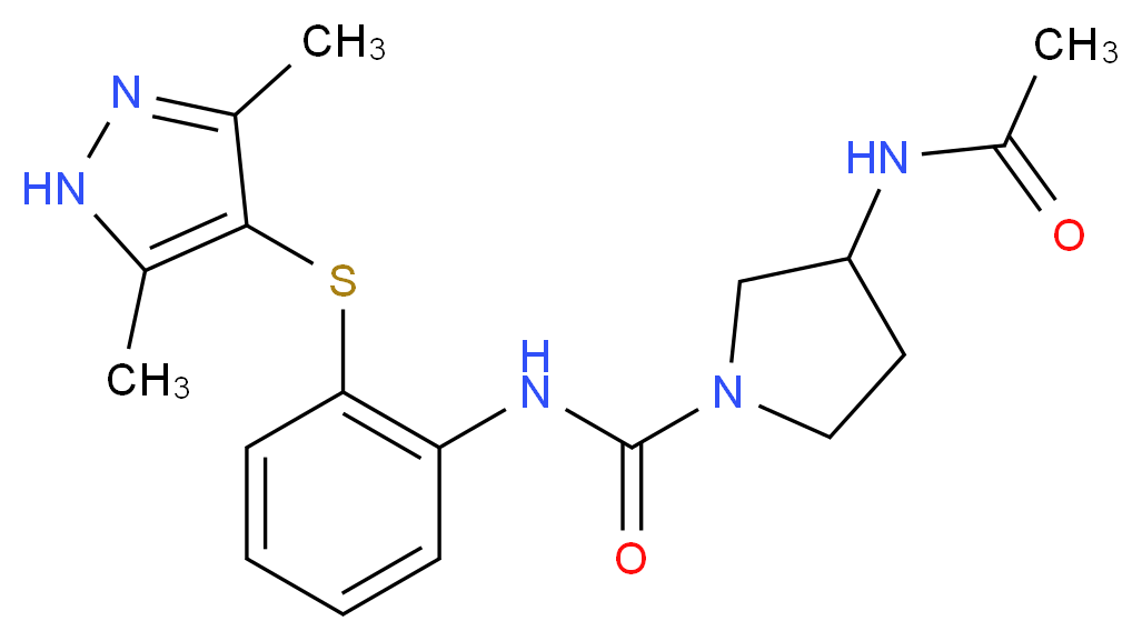3-(acetylamino)-N-{2-[(3,5-dimethyl-1H-pyrazol-4-yl)thio]phenyl}pyrrolidine-1-carboxamide_Molecular_structure_CAS_)