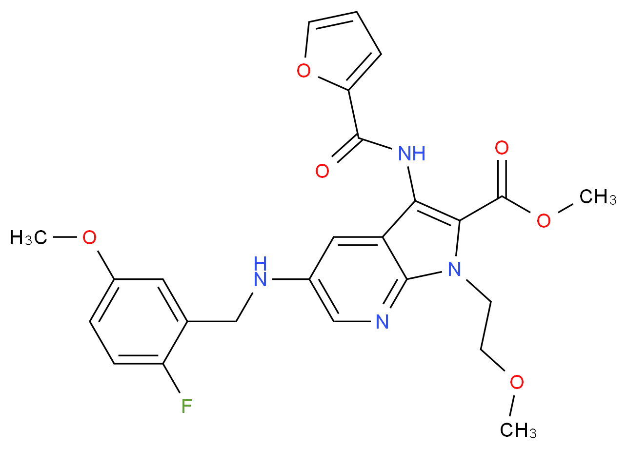 methyl 5-[(2-fluoro-5-methoxybenzyl)amino]-3-(2-furoylamino)-1-(2-methoxyethyl)-1H-pyrrolo[2,3-b]pyridine-2-carboxylate_Molecular_structure_CAS_)