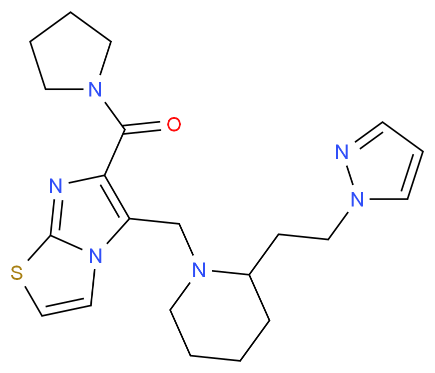 5-({2-[2-(1H-pyrazol-1-yl)ethyl]-1-piperidinyl}methyl)-6-(1-pyrrolidinylcarbonyl)imidazo[2,1-b][1,3]thiazole_Molecular_structure_CAS_)