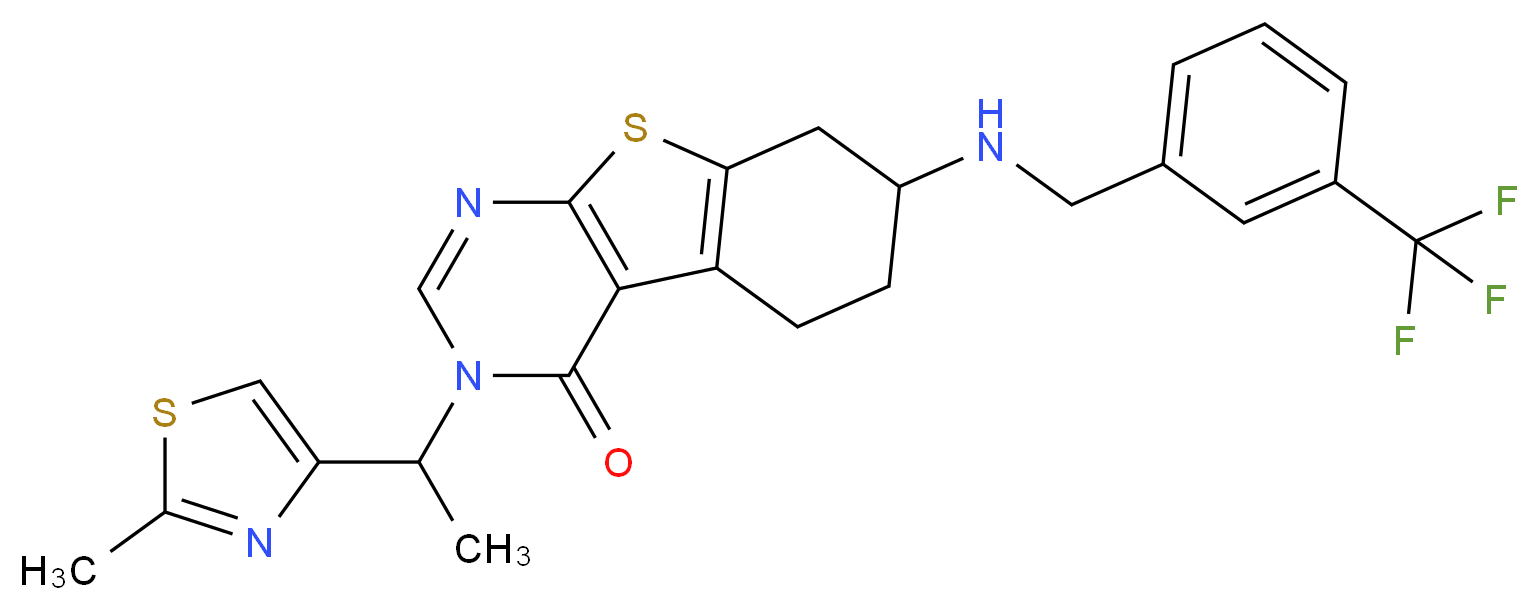 3-[1-(2-methyl-1,3-thiazol-4-yl)ethyl]-7-{[3-(trifluoromethyl)benzyl]amino}-5,6,7,8-tetrahydro[1]benzothieno[2,3-d]pyrimidin-4(3H)-one_Molecular_structure_CAS_)