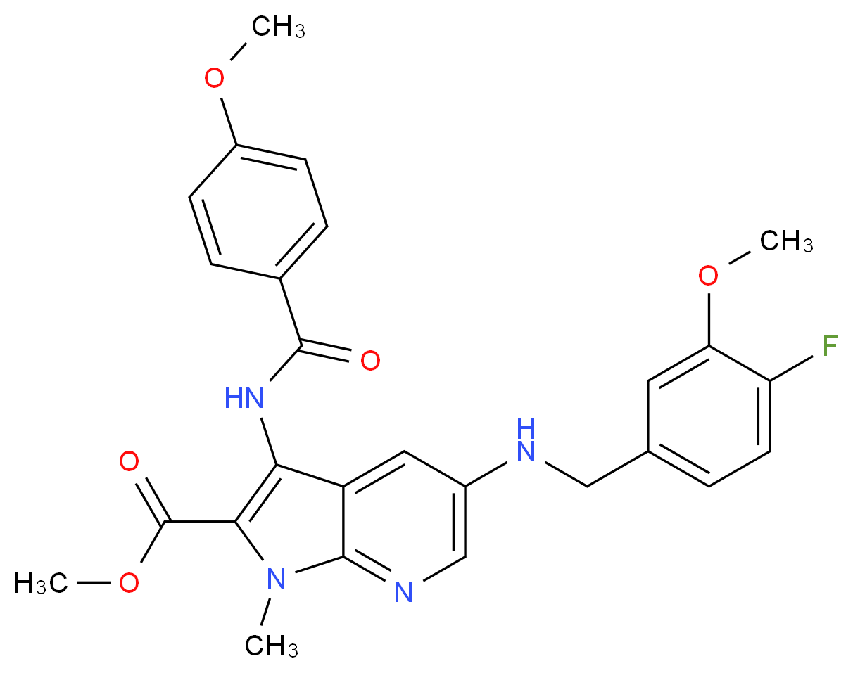 methyl 5-[(4-fluoro-3-methoxybenzyl)amino]-3-[(4-methoxybenzoyl)amino]-1-methyl-1H-pyrrolo[2,3-b]pyridine-2-carboxylate_Molecular_structure_CAS_)