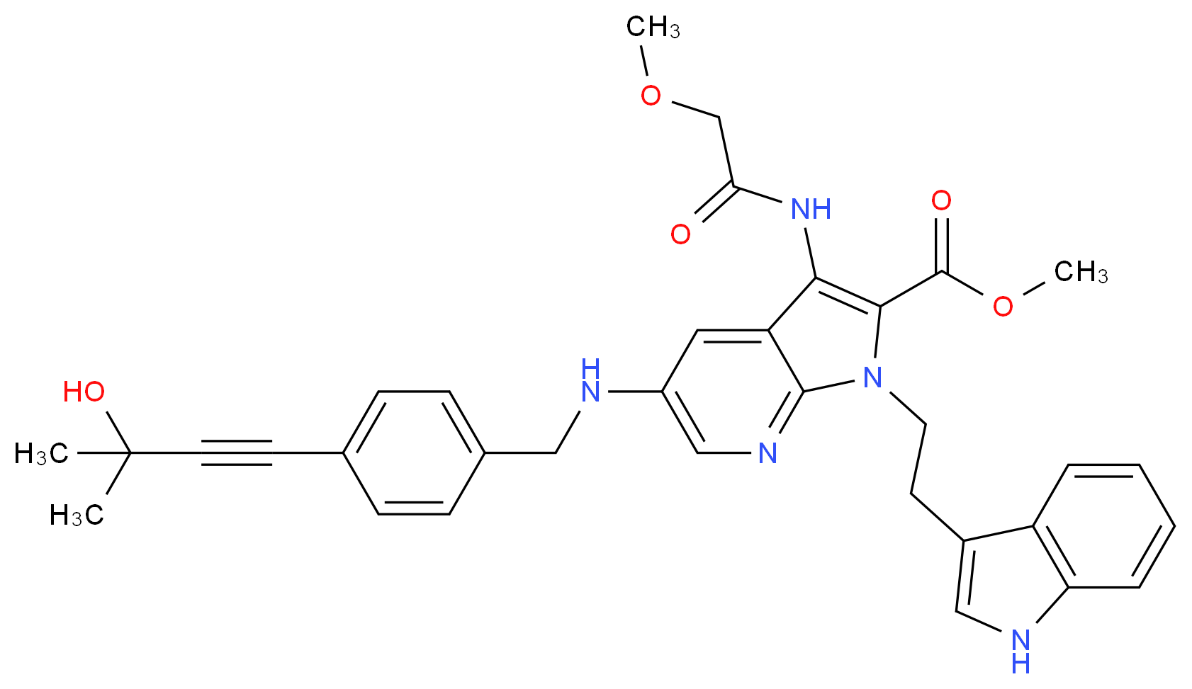 methyl 5-{[4-(3-hydroxy-3-methyl-1-butyn-1-yl)benzyl]amino}-1-[2-(1H-indol-3-yl)ethyl]-3-[(methoxyacetyl)amino]-1H-pyrrolo[2,3-b]pyridine-2-carboxylate_Molecular_structure_CAS_)