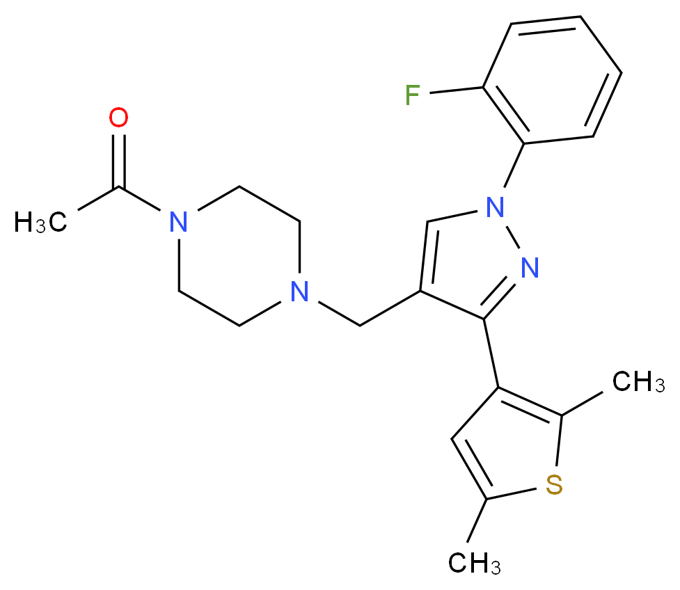 1-acetyl-4-{[3-(2,5-dimethyl-3-thienyl)-1-(2-fluorophenyl)-1H-pyrazol-4-yl]methyl}piperazine_Molecular_structure_CAS_)