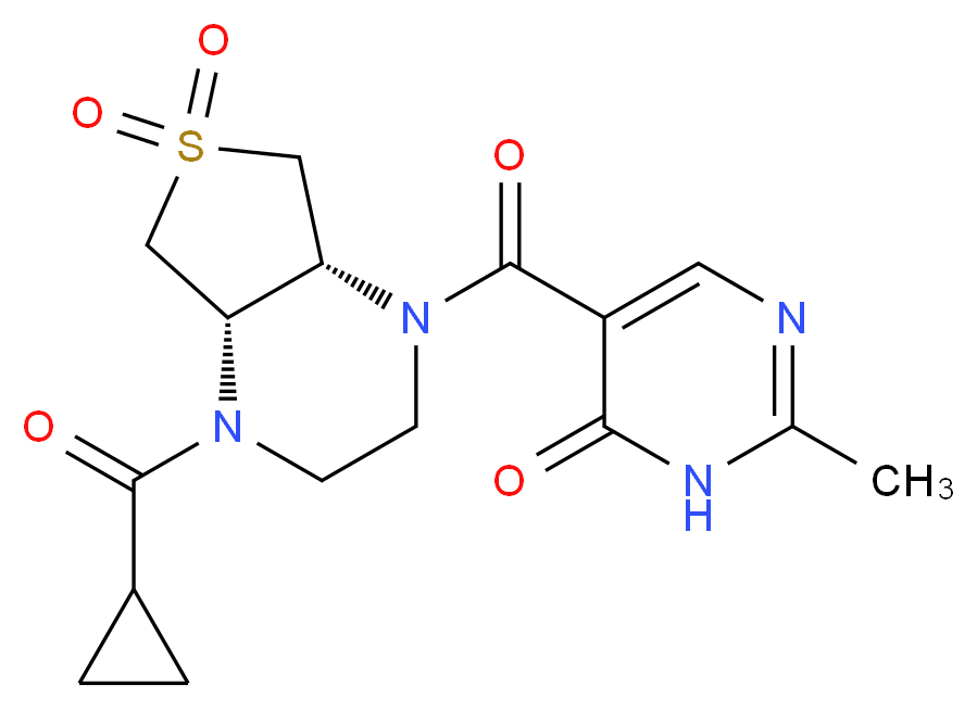 5-{[(4aS*,7aR*)-4-(cyclopropylcarbonyl)-6,6-dioxidohexahydrothieno[3,4-b]pyrazin-1(2H)-yl]carbonyl}-2-methyl-4(3H)-pyrimidinone_Molecular_structure_CAS_)