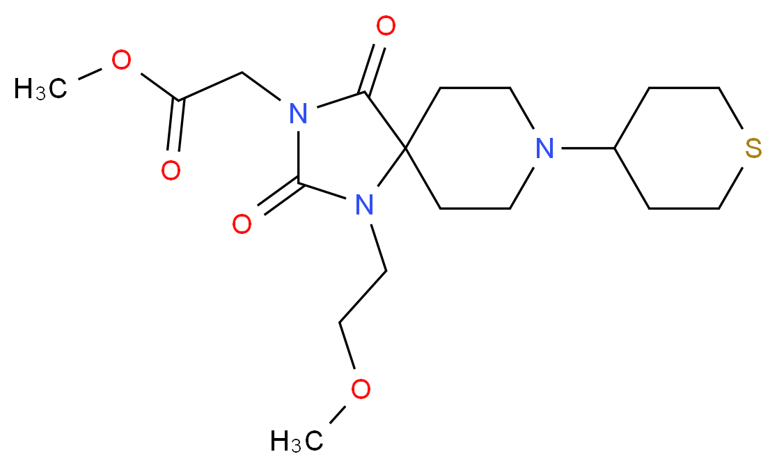 methyl [1-(2-methoxyethyl)-2,4-dioxo-8-(tetrahydro-2H-thiopyran-4-yl)-1,3,8-triazaspiro[4.5]dec-3-yl]acetate_Molecular_structure_CAS_)