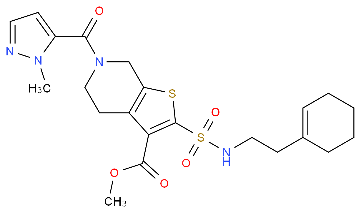 methyl 2-({[2-(1-cyclohexen-1-yl)ethyl]amino}sulfonyl)-6-[(1-methyl-1H-pyrazol-5-yl)carbonyl]-4,5,6,7-tetrahydrothieno[2,3-c]pyridine-3-carboxylate_Molecular_structure_CAS_)