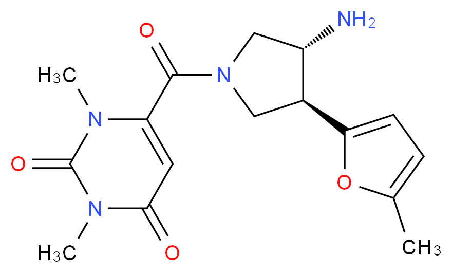 6-{[(3R*,4S*)-3-amino-4-(5-methyl-2-furyl)pyrrolidin-1-yl]carbonyl}-1,3-dimethylpyrimidine-2,4(1H,3H)-dione_Molecular_structure_CAS_)