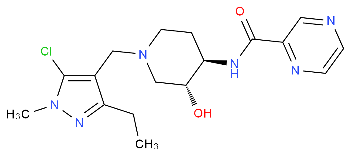 N-{(3R*,4R*)-1-[(5-chloro-3-ethyl-1-methyl-1H-pyrazol-4-yl)methyl]-3-hydroxypiperidin-4-yl}pyrazine-2-carboxamide_Molecular_structure_CAS_)