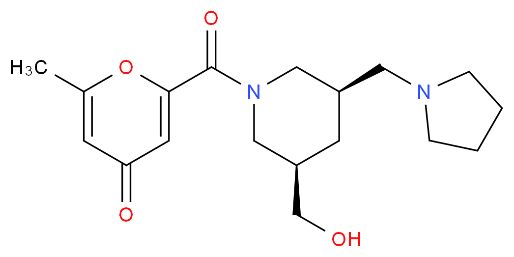 2-{[(3R*,5R*)-3-(hydroxymethyl)-5-(pyrrolidin-1-ylmethyl)piperidin-1-yl]carbonyl}-6-methyl-4H-pyran-4-one_Molecular_structure_CAS_)