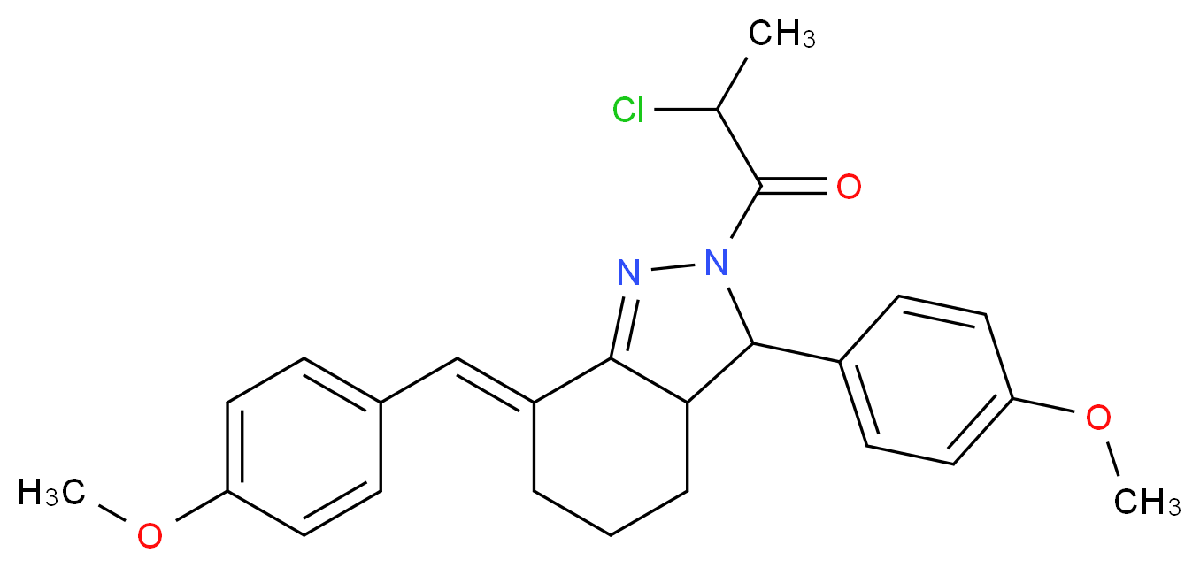 2-Chloro-1-[7-(4-methoxy-benzylidene)-3-(4-methoxy-phenyl)-3,3a,4,5,6,7-hexahydro-indazol-2-yl]-propan-1-one_Molecular_structure_CAS_)