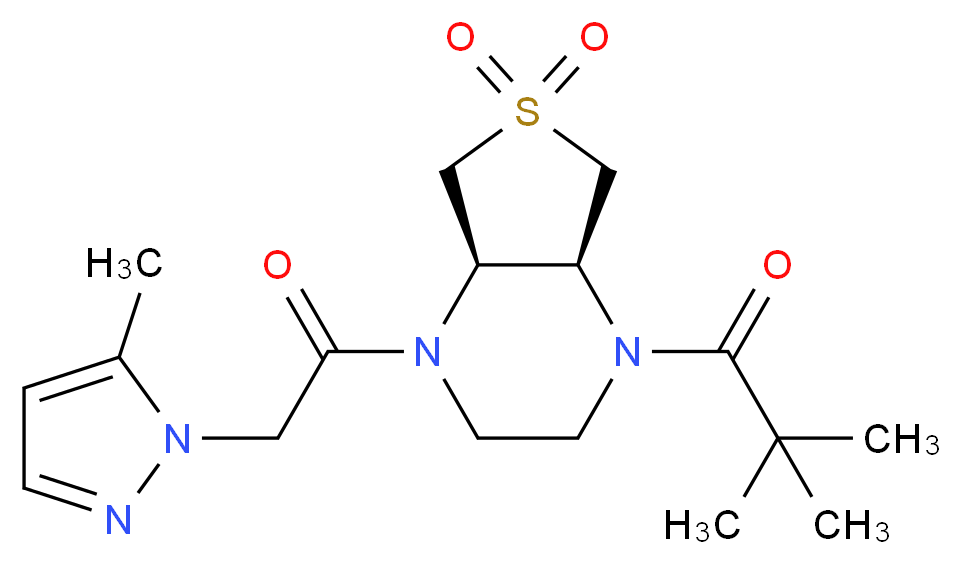(4aR*,7aS*)-1-(2,2-dimethylpropanoyl)-4-[(5-methyl-1H-pyrazol-1-yl)acetyl]octahydrothieno[3,4-b]pyrazine 6,6-dioxide_Molecular_structure_CAS_)