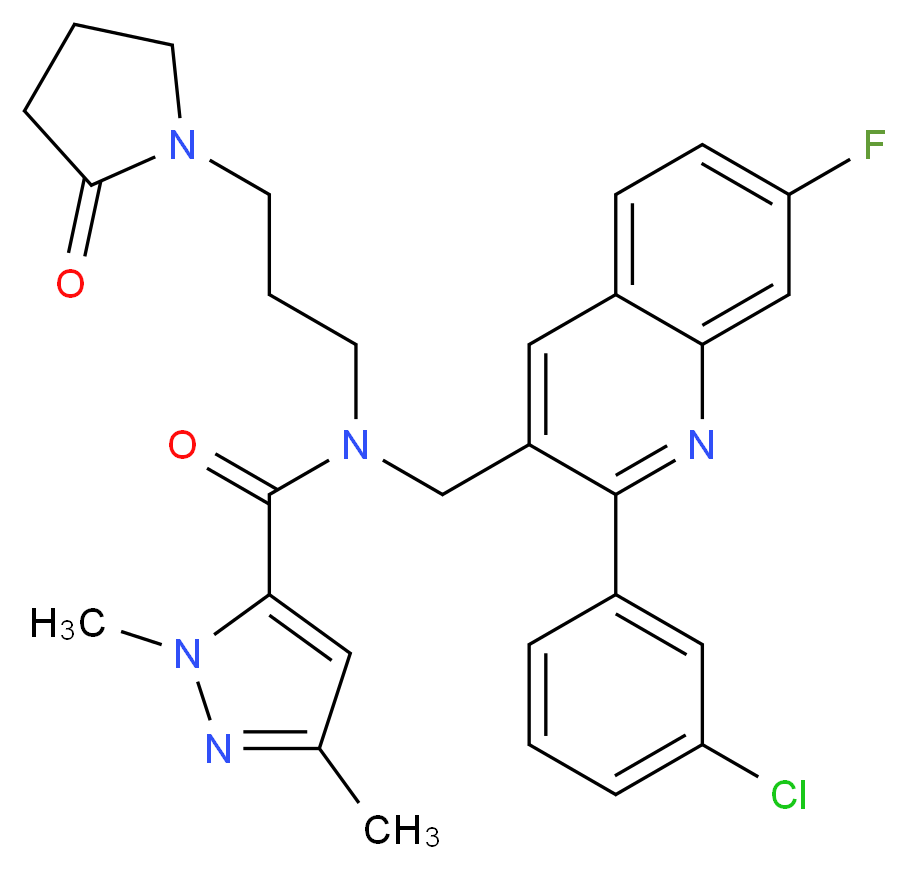 N-{[2-(3-chlorophenyl)-7-fluoro-3-quinolinyl]methyl}-1,3-dimethyl-N-[3-(2-oxo-1-pyrrolidinyl)propyl]-1H-pyrazole-5-carboxamide_Molecular_structure_CAS_)