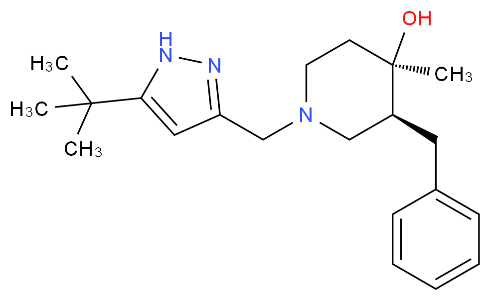 (3S*,4R*)-3-benzyl-1-[(5-tert-butyl-1H-pyrazol-3-yl)methyl]-4-methylpiperidin-4-ol_Molecular_structure_CAS_)
