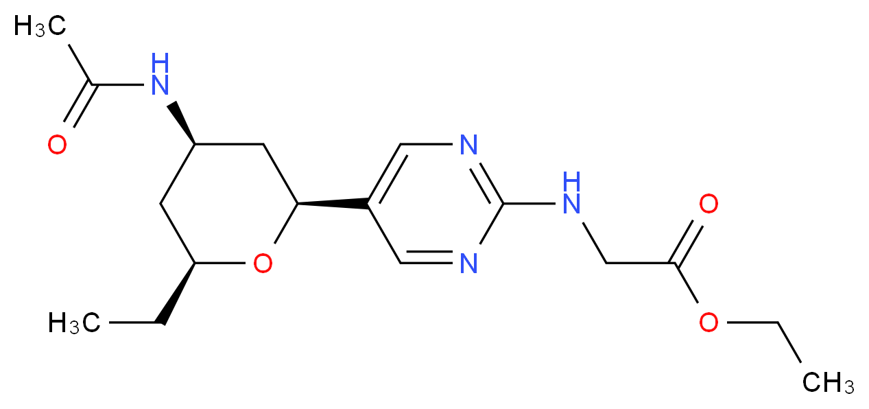 ethyl ({5-[(2S*,4R*,6S*)-4-(acetylamino)-6-ethyltetrahydro-2H-pyran-2-yl]pyrimidin-2-yl}amino)acetate_Molecular_structure_CAS_)