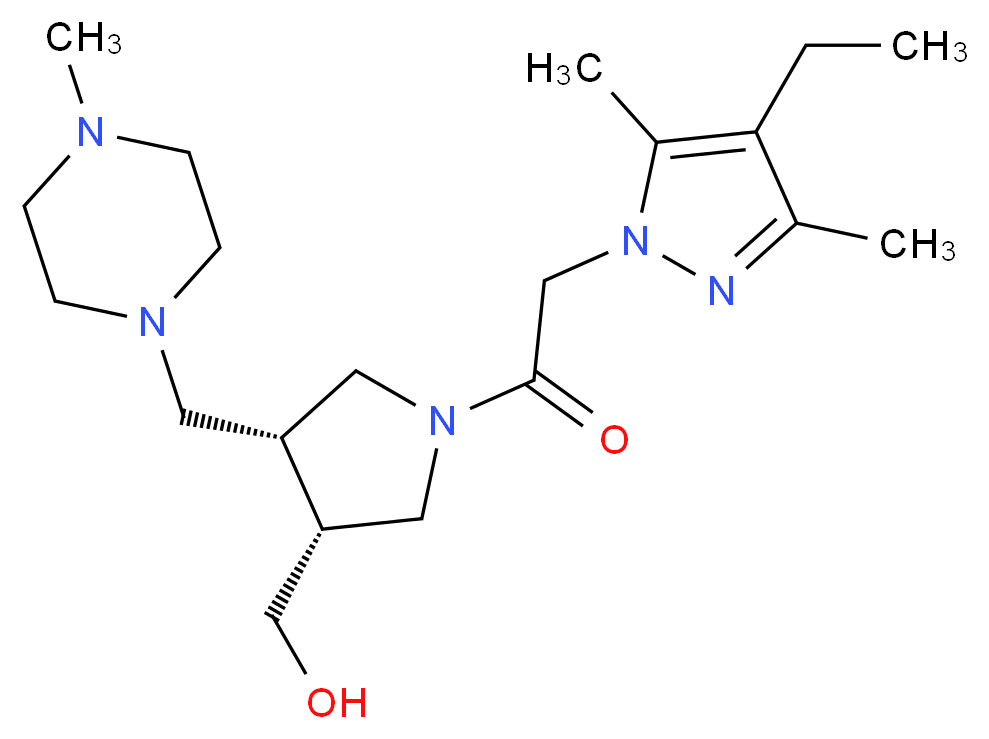 {(3R*,4R*)-1-[(4-ethyl-3,5-dimethyl-1H-pyrazol-1-yl)acetyl]-4-[(4-methylpiperazin-1-yl)methyl]pyrrolidin-3-yl}methanol_Molecular_structure_CAS_)