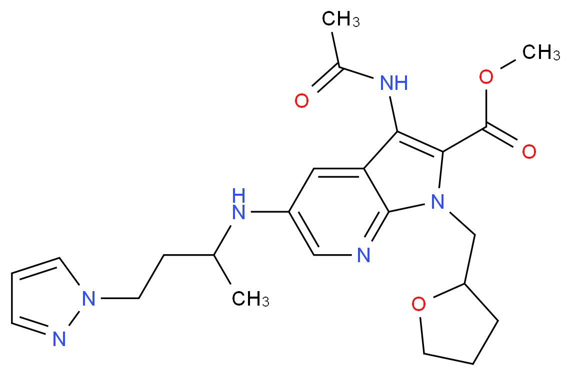 methyl 3-(acetylamino)-5-{[1-methyl-3-(1H-pyrazol-1-yl)propyl]amino}-1-(tetrahydro-2-furanylmethyl)-1H-pyrrolo[2,3-b]pyridine-2-carboxylate_Molecular_structure_CAS_)