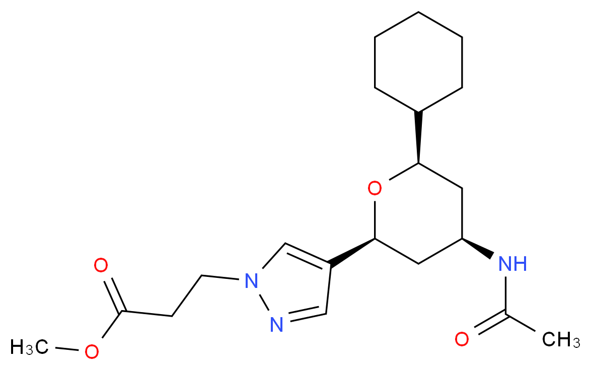 methyl 3-{4-[(2S*,4R*,6R*)-4-(acetylamino)-6-cyclohexyltetrahydro-2H-pyran-2-yl]-1H-pyrazol-1-yl}propanoate_Molecular_structure_CAS_)