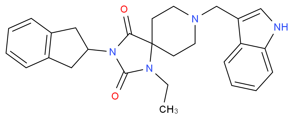 3-(2,3-dihydro-1H-inden-2-yl)-1-ethyl-8-(1H-indol-3-ylmethyl)-1,3,8-triazaspiro[4.5]decane-2,4-dione_Molecular_structure_CAS_)