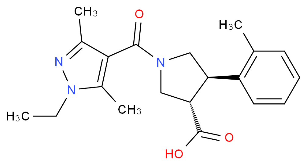 (3S*,4R*)-1-[(1-ethyl-3,5-dimethyl-1H-pyrazol-4-yl)carbonyl]-4-(2-methylphenyl)pyrrolidine-3-carboxylic acid_Molecular_structure_CAS_)