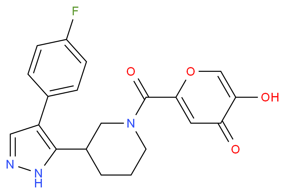 2-({3-[4-(4-fluorophenyl)-1H-pyrazol-5-yl]piperidin-1-yl}carbonyl)-5-hydroxy-4H-pyran-4-one_Molecular_structure_CAS_)