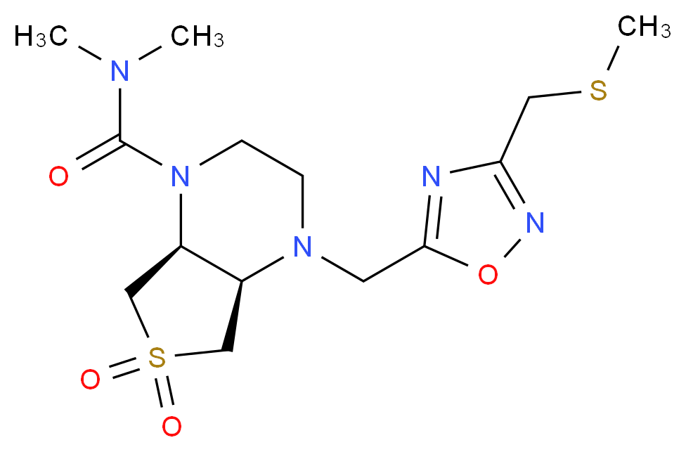 (4aR*,7aS*)-N,N-dimethyl-4-({3-[(methylthio)methyl]-1,2,4-oxadiazol-5-yl}methyl)hexahydrothieno[3,4-b]pyrazine-1(2H)-carboxamide 6,6-dioxide_Molecular_structure_CAS_)